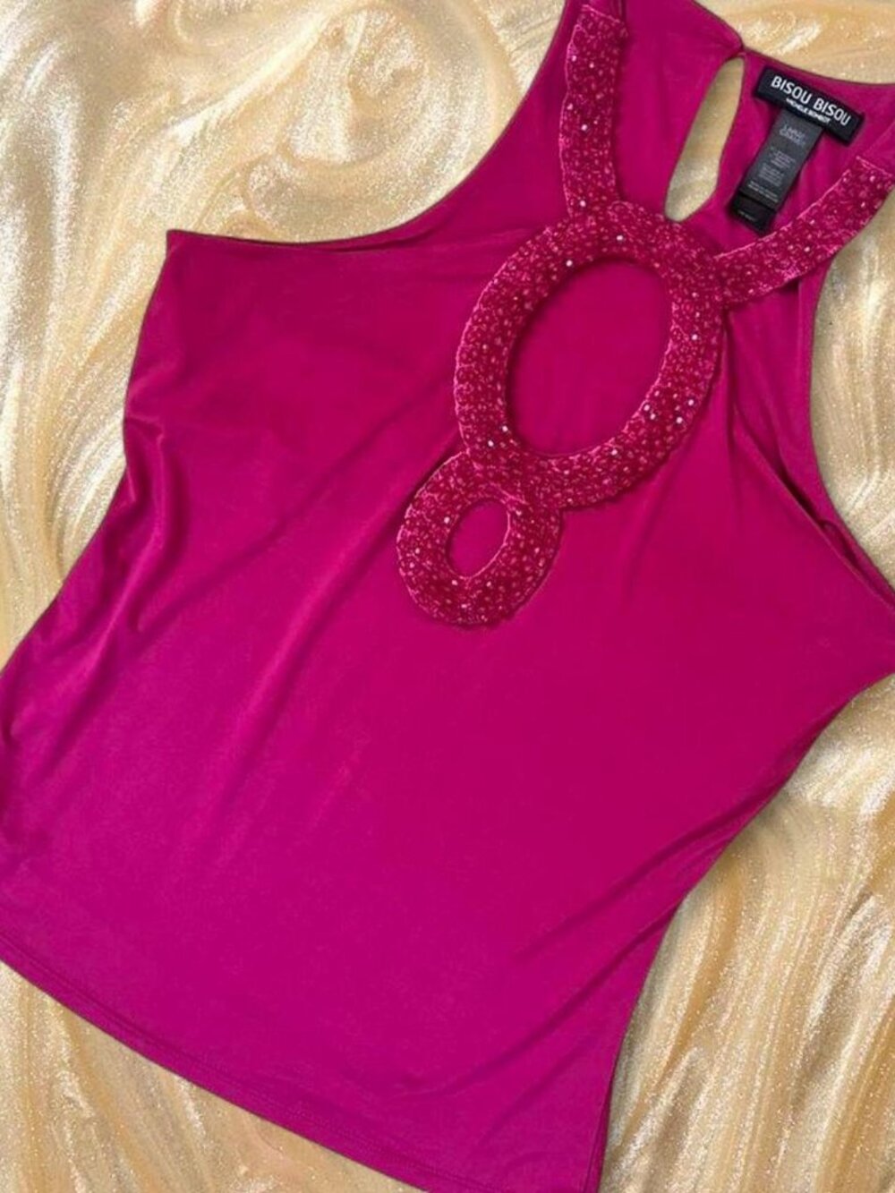 Y2K Bisou Bisou Barbie Pink Bedazzled Beaded Halter Tank Cutout Detail ⭐️